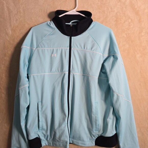 Under Armour Full Zip Jacket Womens Medium Light Blue Black Trim Stretch 204 - Picture 5 of 8
